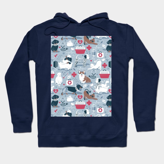 Veterinary medicine, happy and healthy friends // pattern // pastel blue background red details navy blue white and brown cats dogs and other animals Hoodie by SelmaCardoso